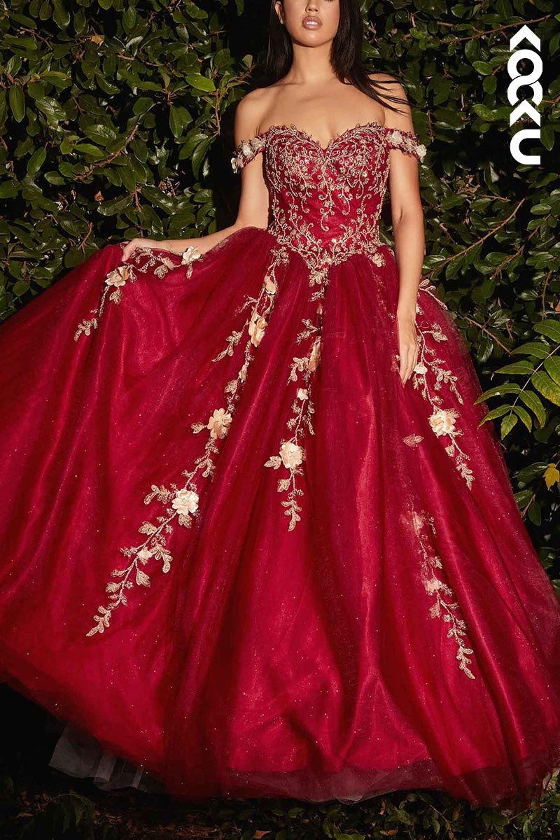 L2085 - Off-Shoulder Strapless Floral Appliqued Beaded Long Ball Prom Evening Dress