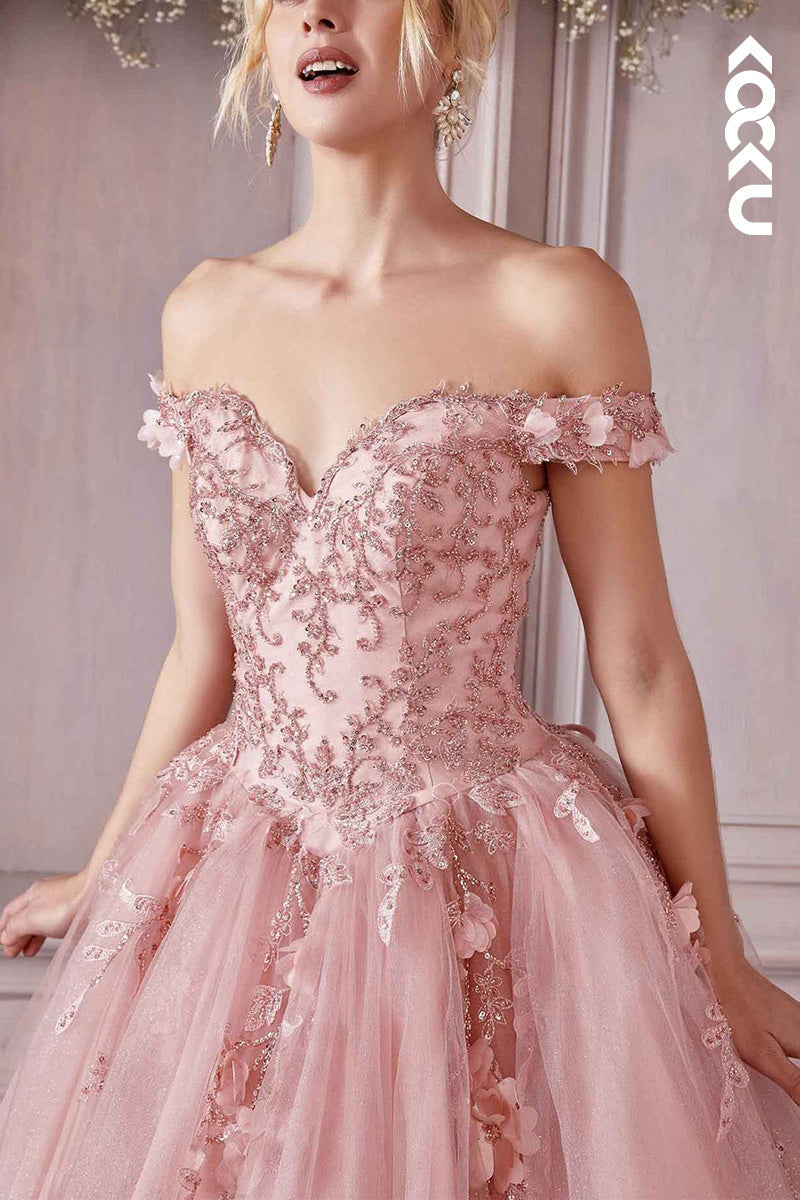 L2085 - Off-Shoulder Strapless Floral Appliqued Beaded Long Ball Prom Evening Dress
