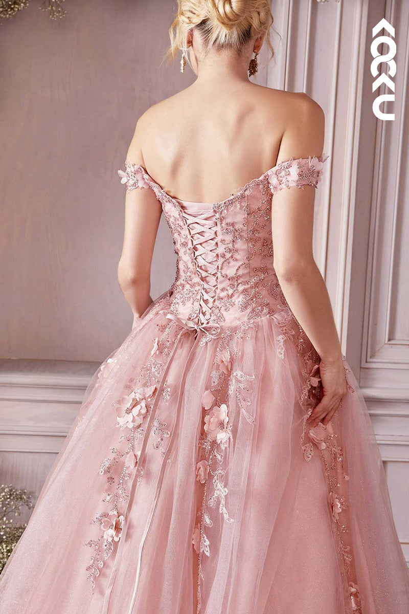 L2085 - Off-Shoulder Strapless Floral Appliqued Beaded Long Ball Prom Evening Dress