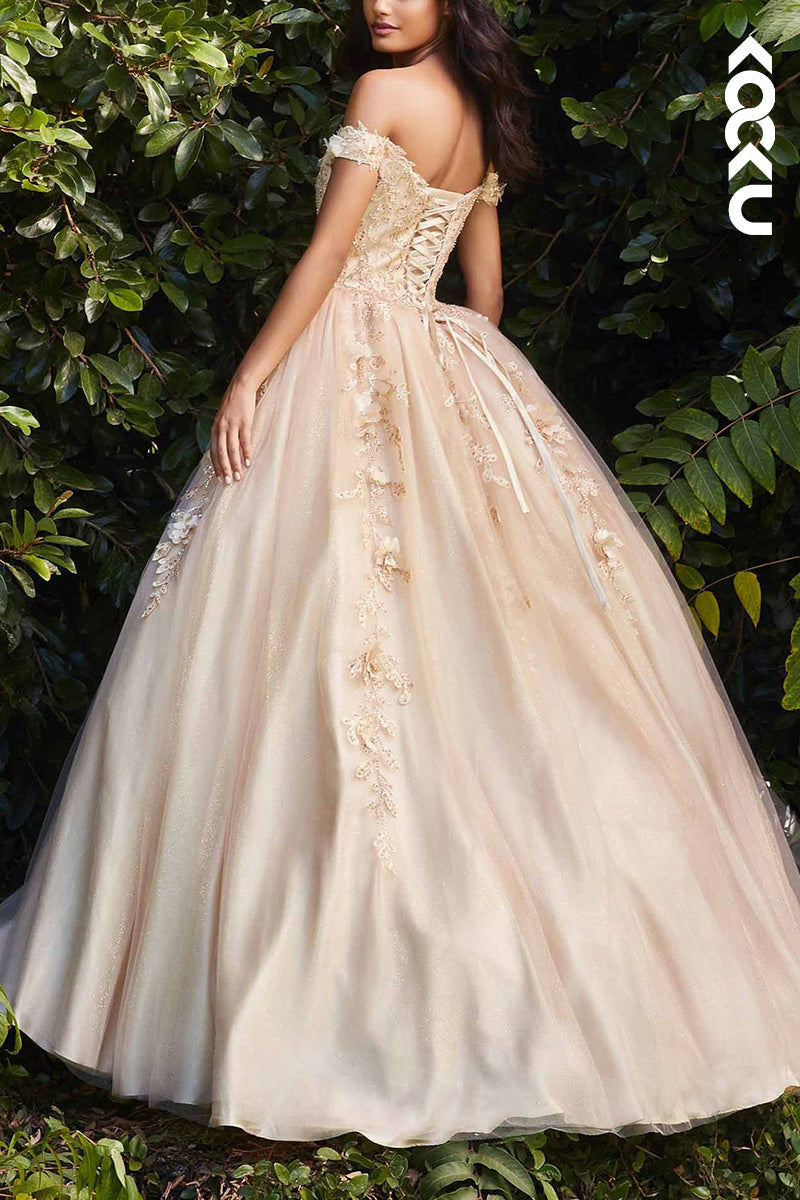 L2085 - Off-Shoulder Strapless Floral Appliqued Beaded Long Ball Prom Evening Dress