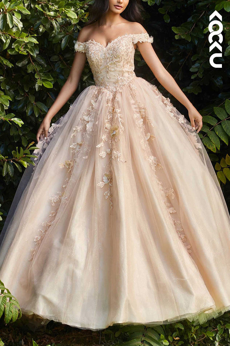 L2085 - Off-Shoulder Strapless Floral Appliqued Beaded Long Ball Prom Evening Dress