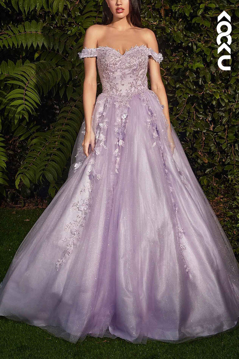 L2085 - Off-Shoulder Strapless Floral Appliqued Beaded Long Ball Prom Evening Dress