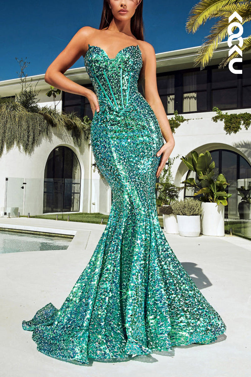 L2088 - Sweetheart Strapless Sequined Mermaid Long Prom Evening Party Dress