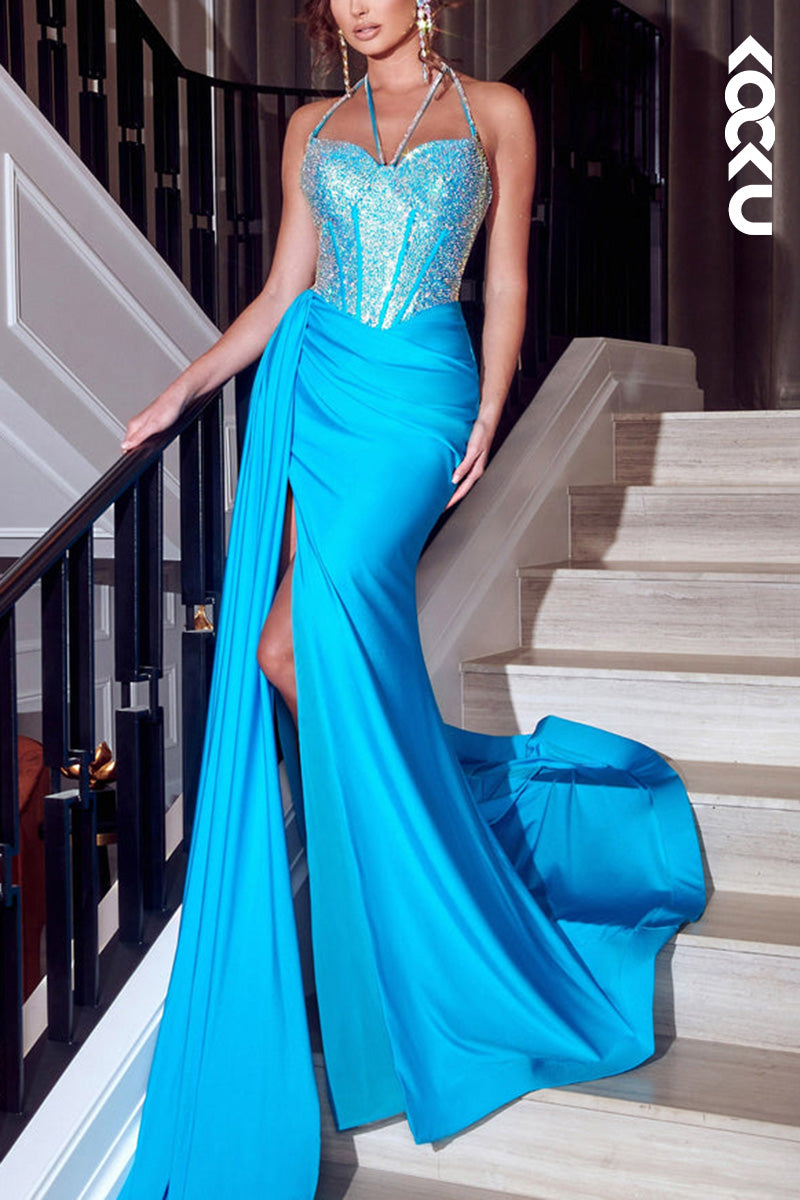 L2089 - Sweetheart Beaded Ruched Satin Sheath Long Prom Evening Dress With Slit