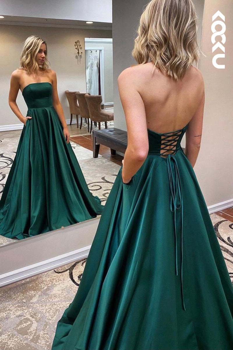 L2091 - Strapless Sleeveless Lace-Up Satin A-Line Long Prom Evening Dress With Slit