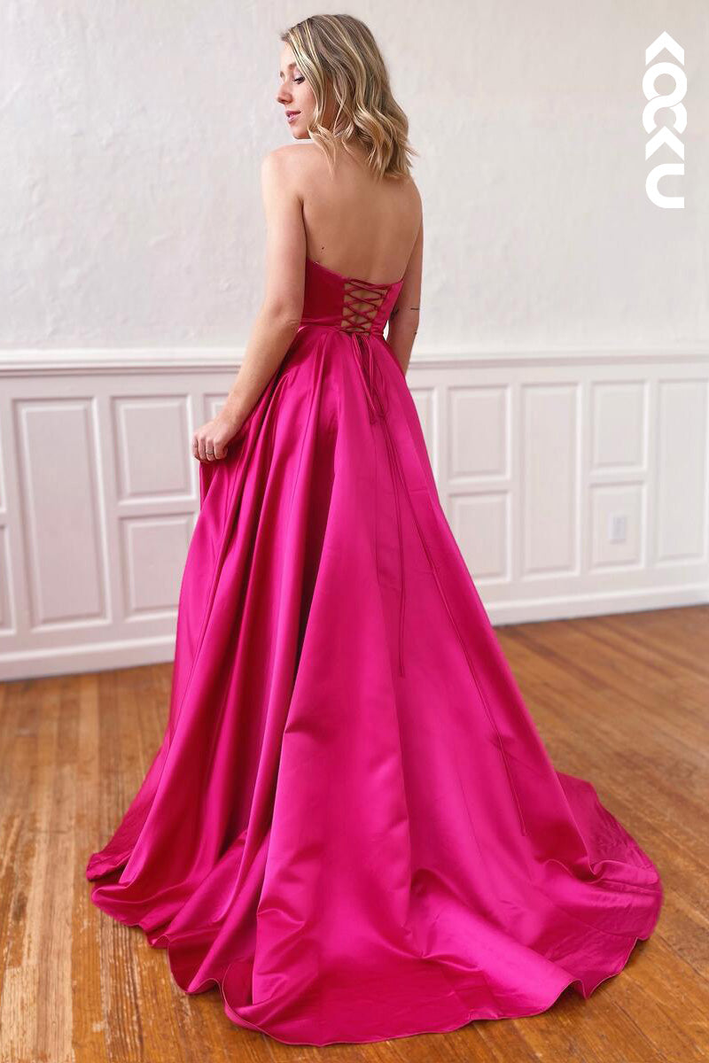 L2091 - Strapless Sleeveless Lace-Up Satin A-Line Long Prom Evening Dress With Slit