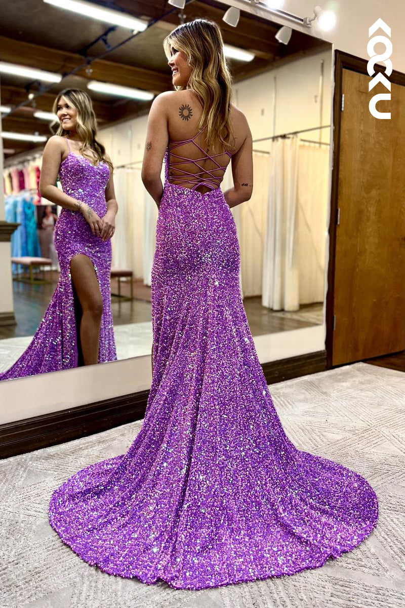L2093 - Sweetheart Spaghetti Straps Sequins Sheath Long Prom Evening Dress With Slit