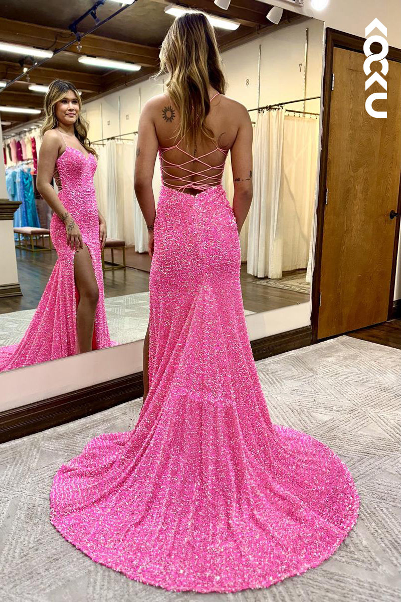 L2093 - Sweetheart Spaghetti Straps Sequins Sheath Long Prom Evening Dress With Slit