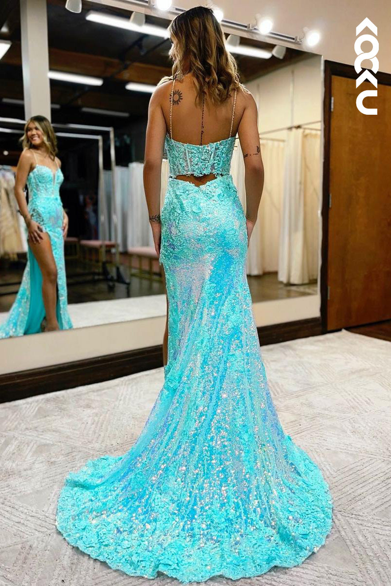 L2094 - Low V-Neck Spaghetti Straps Appliqued Sequins Sheath Long Prom Evening Dress