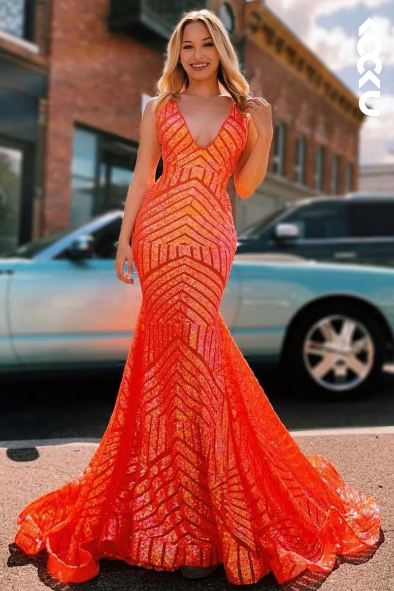 L2095 - V-Neck Sleeveless Sequins Mermaid Long Prom Evening Dress With Sweep Train