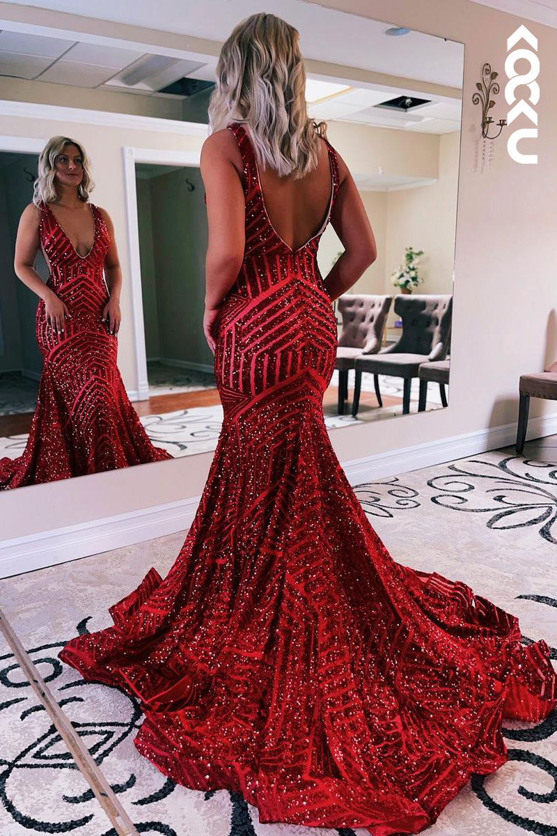 L2095 - V-Neck Sleeveless Sequins Mermaid Long Prom Evening Dress With Sweep Train
