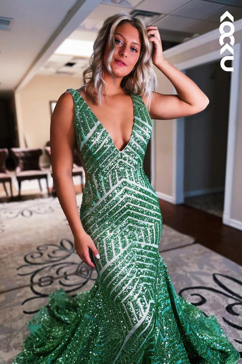 L2095 - V-Neck Sleeveless Sequins Mermaid Long Prom Evening Dress With Sweep Train