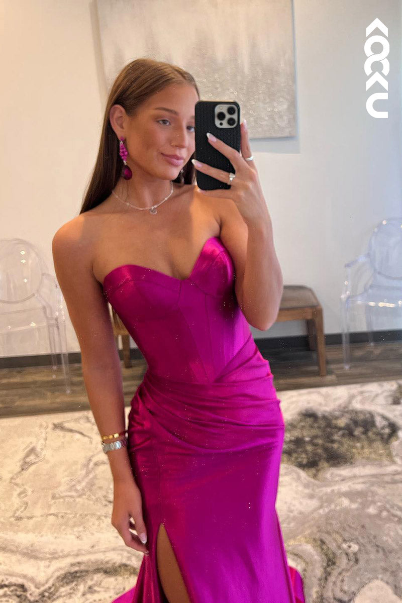L2096 - Sweetheart Strapless Ruched Satin Sheath Long Prom Evening Dress With Slit