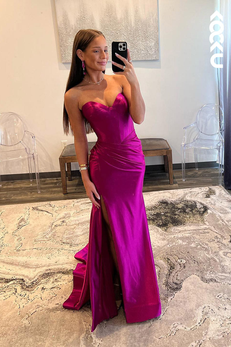 L2096 - Sweetheart Strapless Ruched Satin Sheath Long Prom Evening Dress With Slit