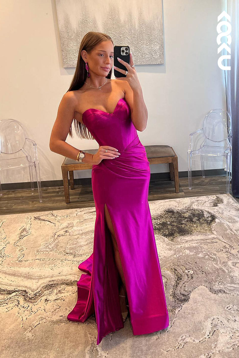 L2096 - Sweetheart Strapless Ruched Satin Sheath Long Prom Evening Dress With Slit