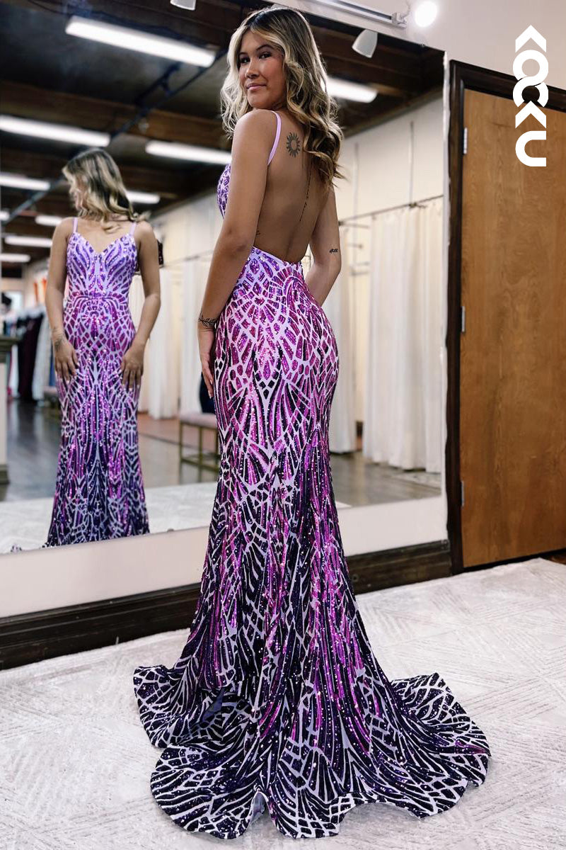 L2097 - V-Neck Backless Sequins Mermaid Long Prom Evening Dress With Sweep Train