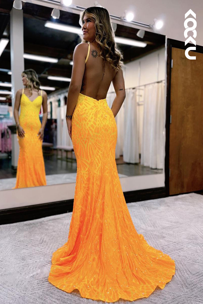 L2097 - V-Neck Backless Sequins Mermaid Long Prom Evening Dress With Sweep Train