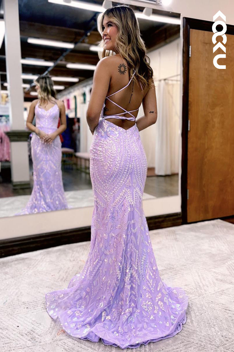 L2098 - V-Neck Spaghetti Straps Mermaid Long Prom Evening Dress With Sweep Train