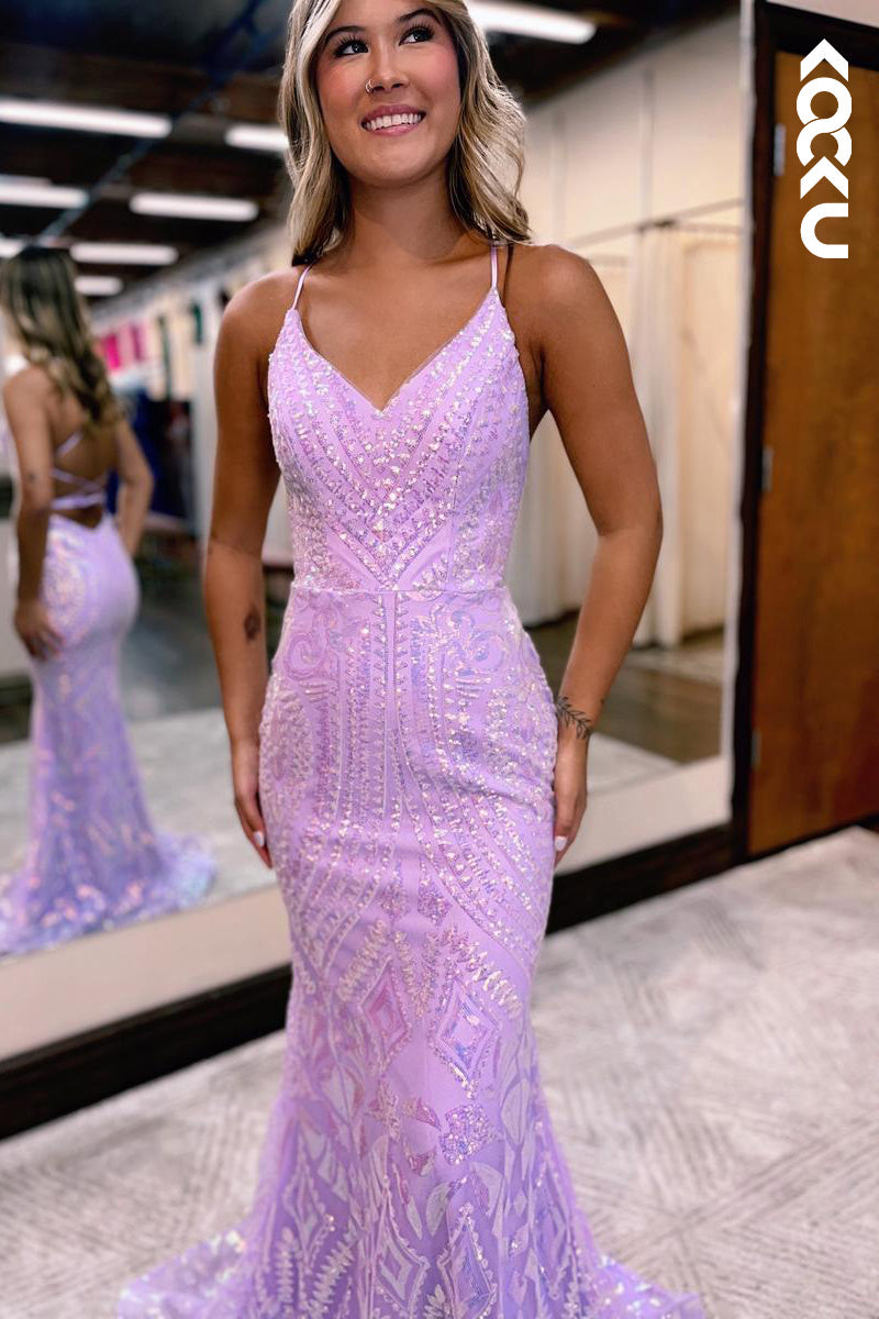 L2098 - V-Neck Spaghetti Straps Mermaid Long Prom Evening Dress With Sweep Train