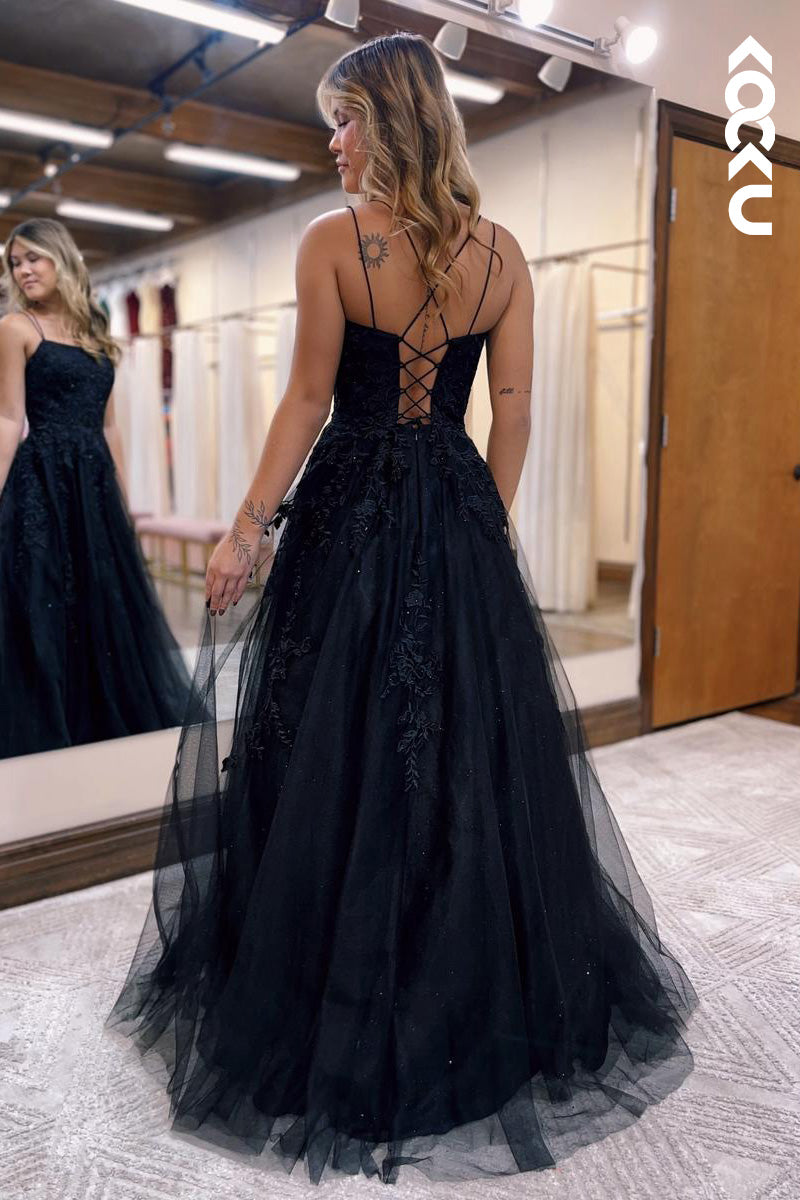 L2100 - Square Neck Spaghetti Straps Appliqued Tulle A-Line Long Prom Evening Dress