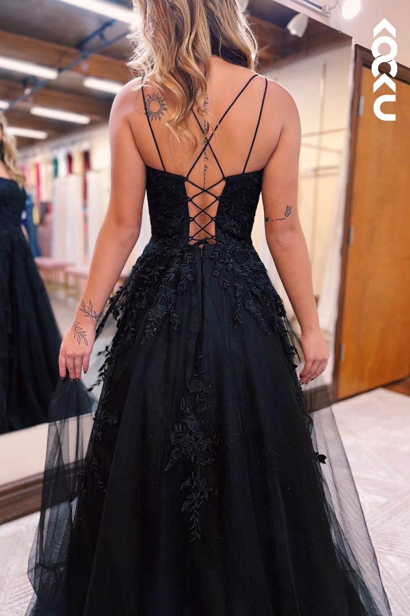 L2100 - Square Neck Spaghetti Straps Appliqued Tulle A-Line Long Prom Evening Dress
