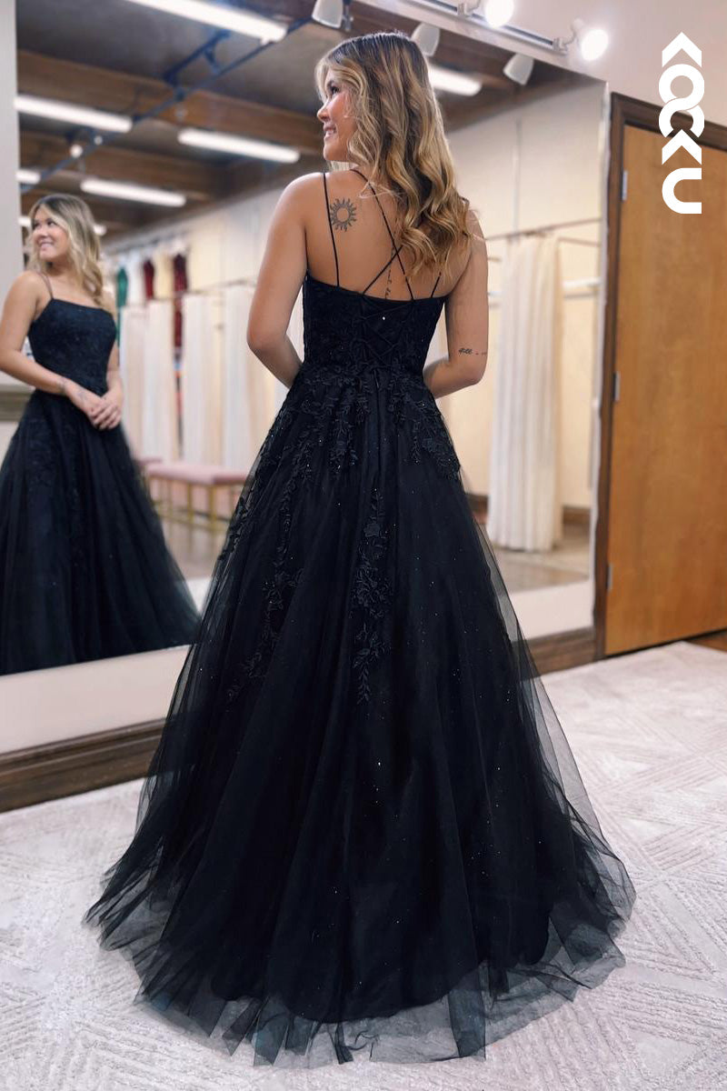 L2100 - Square Neck Spaghetti Straps Appliqued Tulle A-Line Long Prom Evening Dress