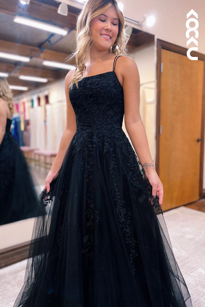 L2100 - Square Neck Spaghetti Straps Appliqued Tulle A-Line Long Prom Evening Dress