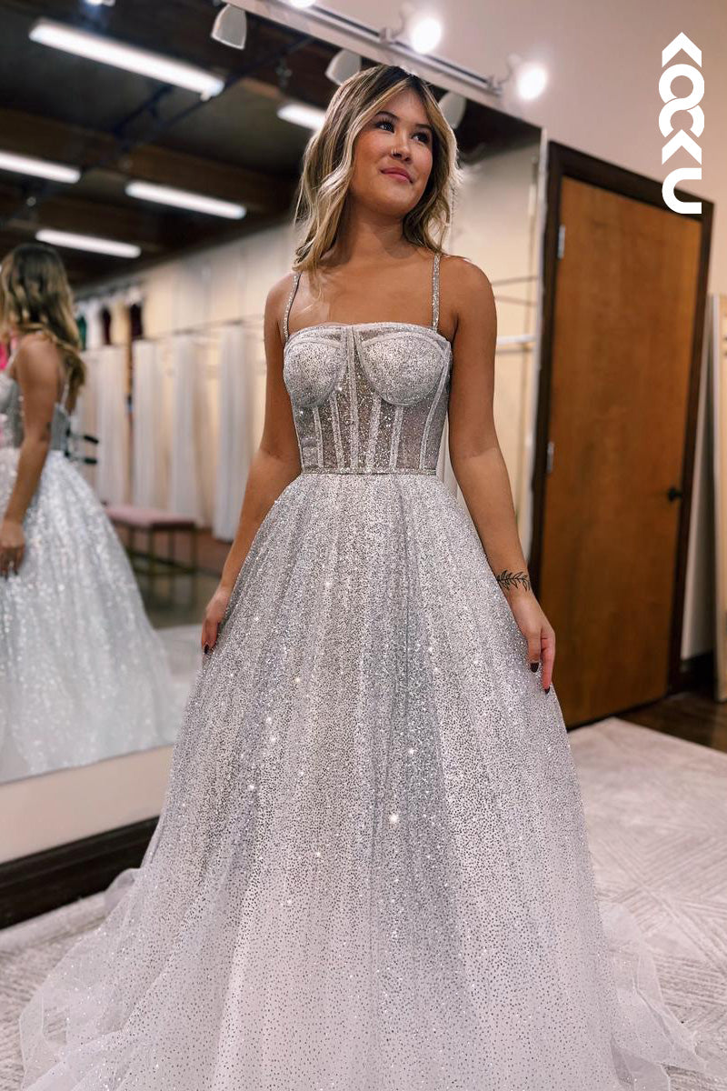 L2101 - Sparkle Spaghetti Straps Beaded Sequins Tulle A-Line Long Prom Evening Dress