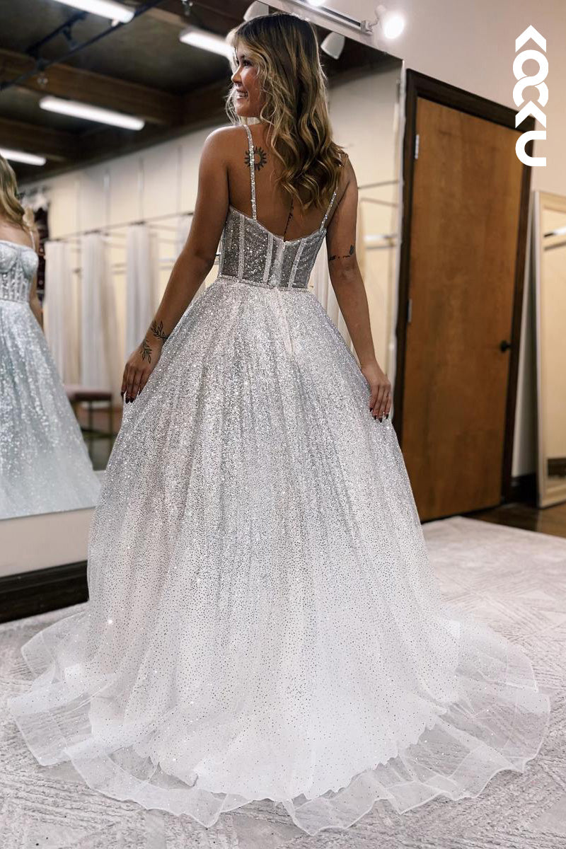 L2101 - Sparkle Spaghetti Straps Beaded Sequins Tulle A-Line Long Prom Evening Dress