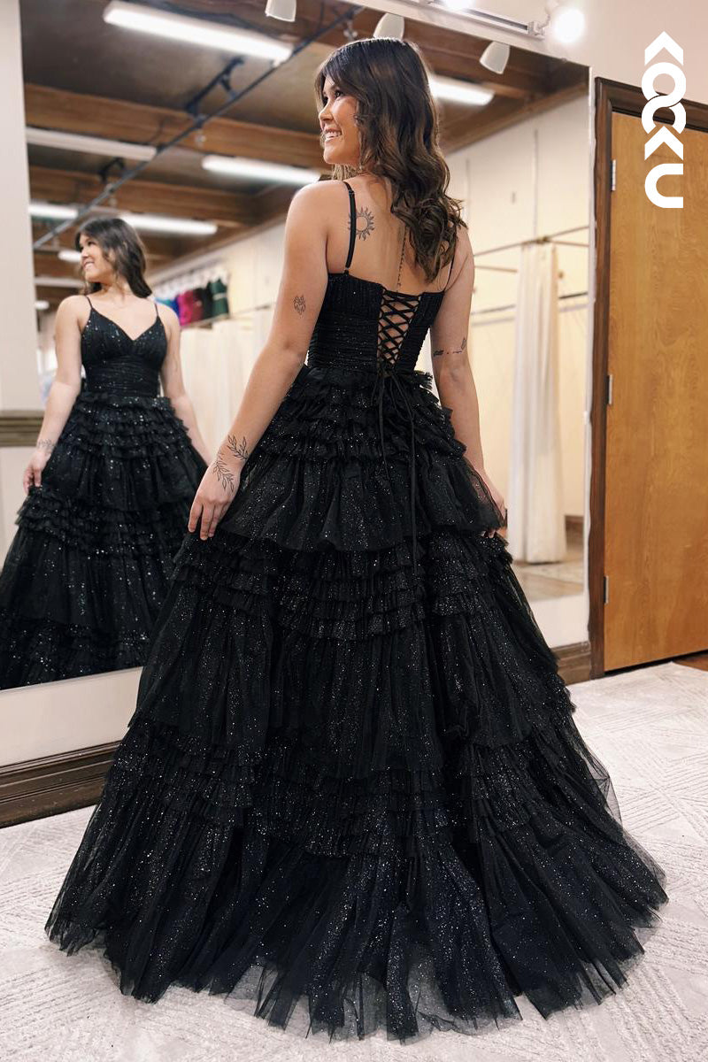 L2102 - Sparkle V-Neck Spaghetti Straps Ruched Tulle A-Line Long Prom Evening Dress
