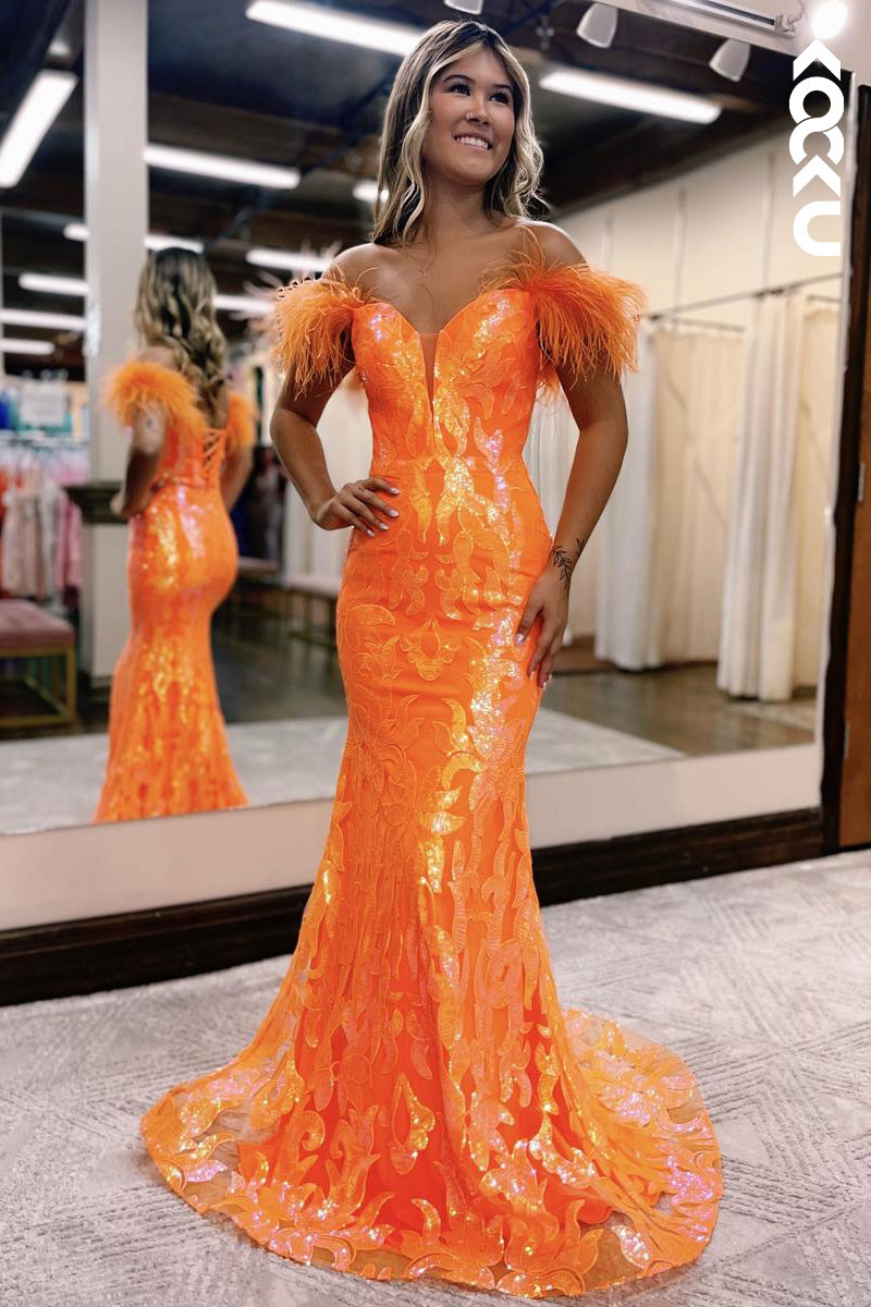 L2104 - Off-Shoulder Low V-Neck Sequins Feather Mermaid Long Prom Evening Dress