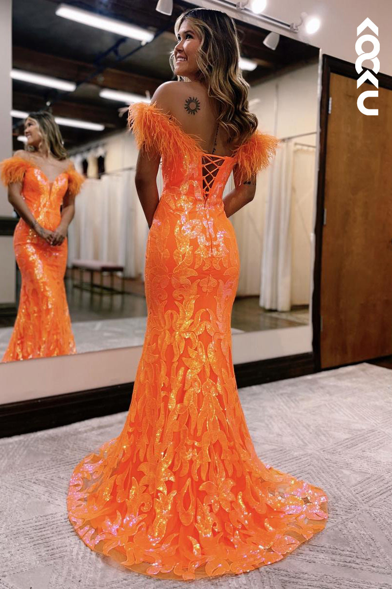 L2104 - Off-Shoulder Low V-Neck Sequins Feather Mermaid Long Prom Evening Dress
