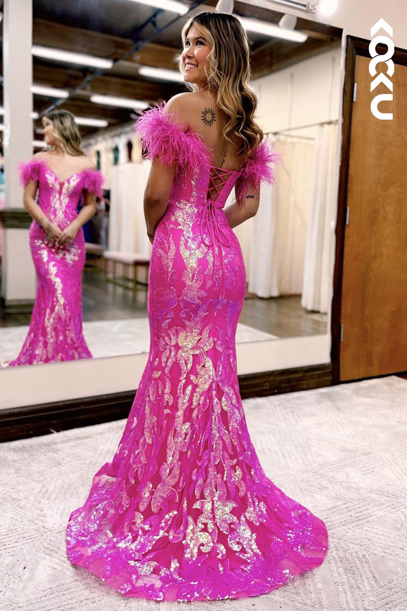 L2104 - Off-Shoulder Low V-Neck Sequins Feather Mermaid Long Prom Evening Dress