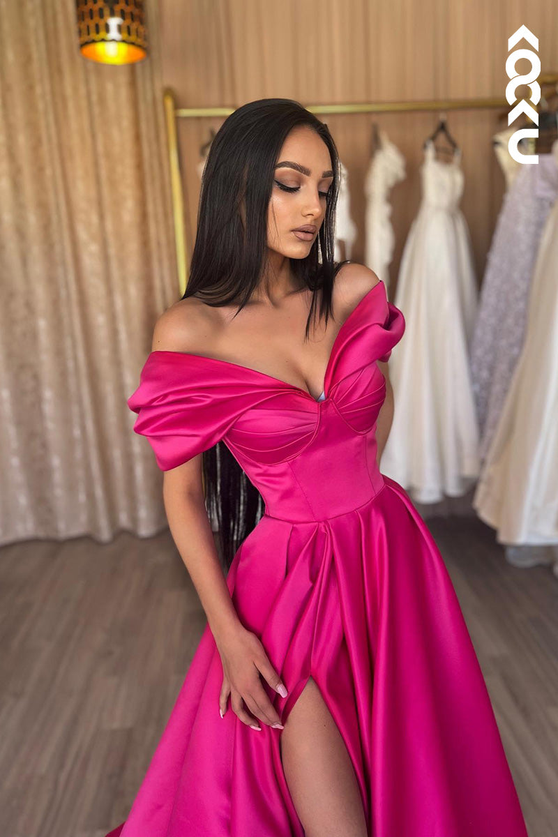 L2105 - Off-Shoulder Sleeveless Ruched Satin A-Line Long Prom Evening Dress With Slit