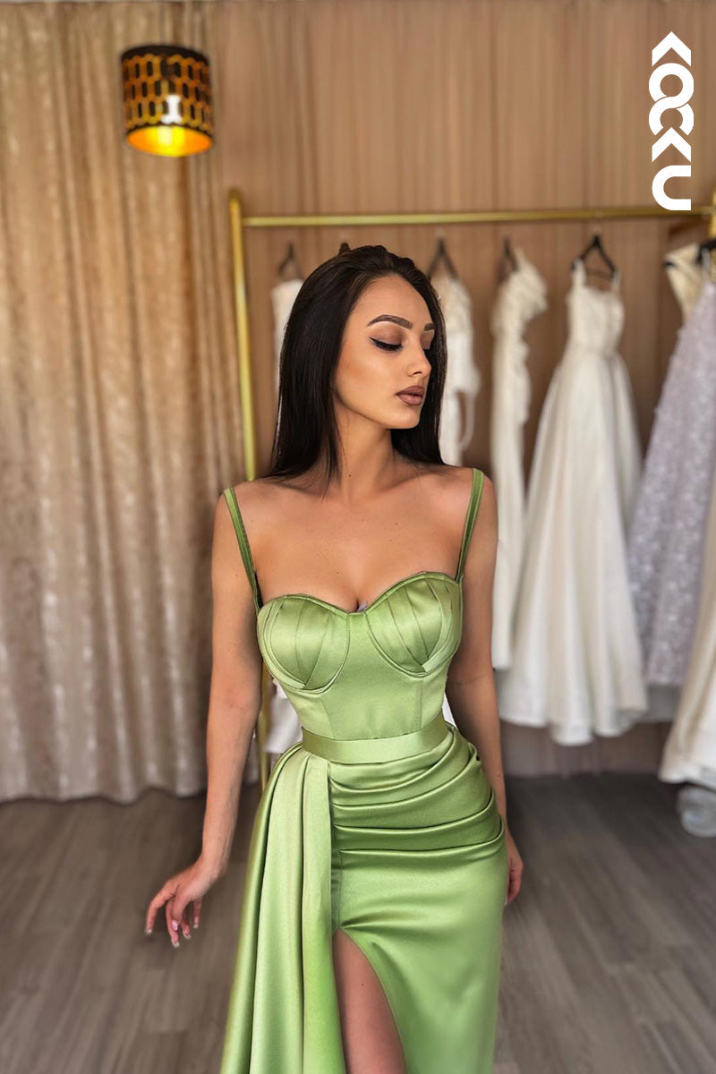 L2106 - Sweetheart Sleeveless Ruched Satin Sheath Long Prom Evening Dress With Slit
