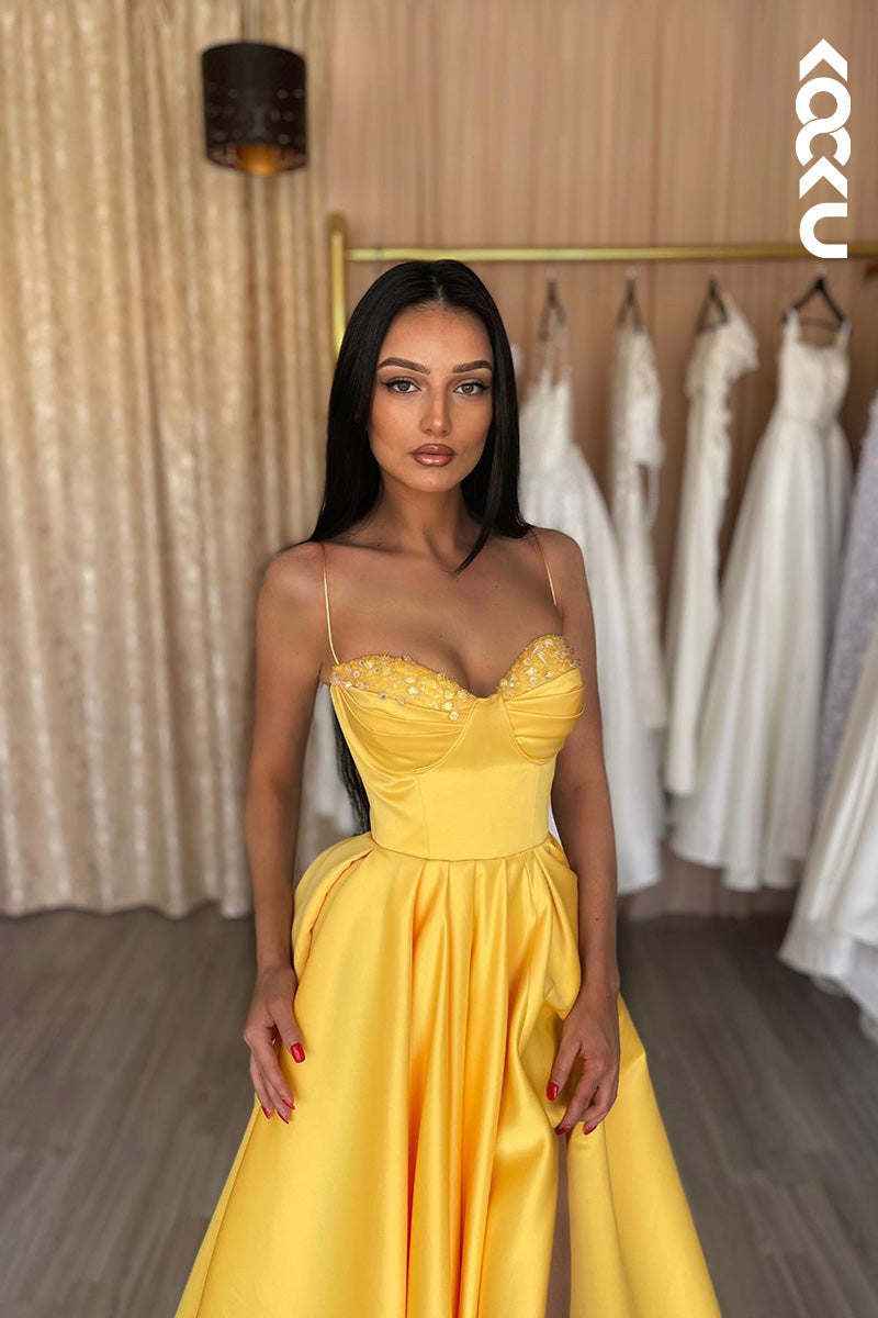 L2107 - Sweetheart Spaghetti Straps Beaded Ruched A-Line Long Prom Evening Dress