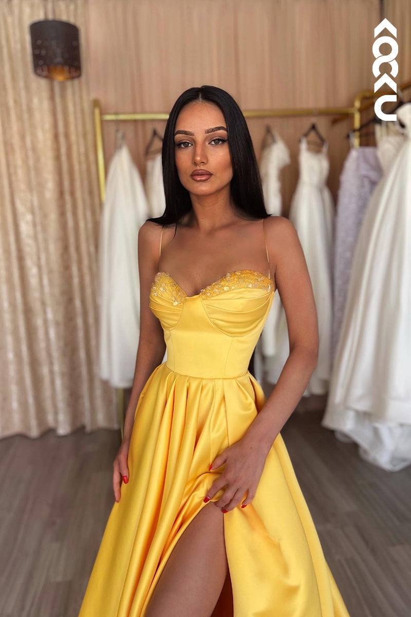 L2107 - Sweetheart Spaghetti Straps Beaded Ruched A-Line Long Prom Evening Dress