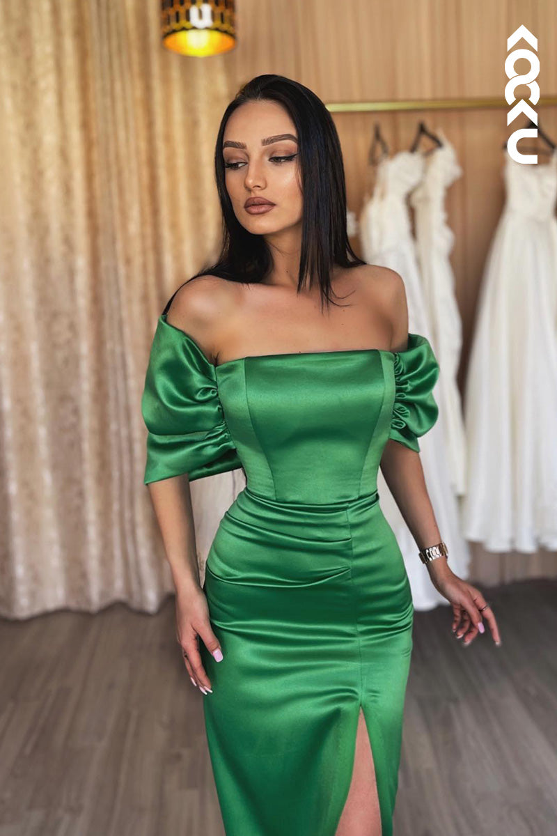 L2108 - Off-Shoulder Strapless Ruched Satin Sheath Long Prom Evening Dress With Slit