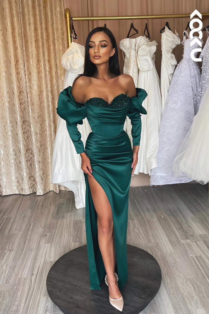 L2109 - Off-Shoulder Long Sleeves Sequins Ruched Satin Sheath Long Prom Evening Dress