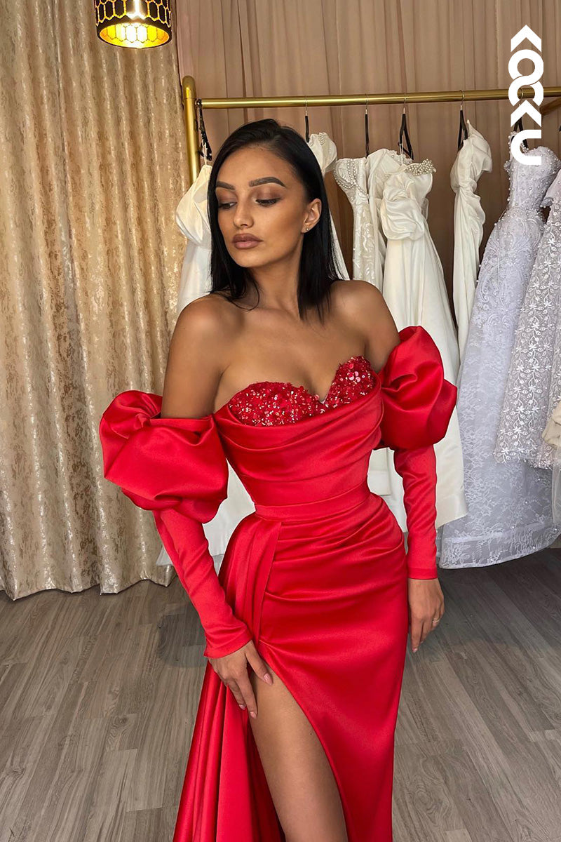 L2109 - Off-Shoulder Long Sleeves Sequins Ruched Satin Sheath Long Prom Evening Dress