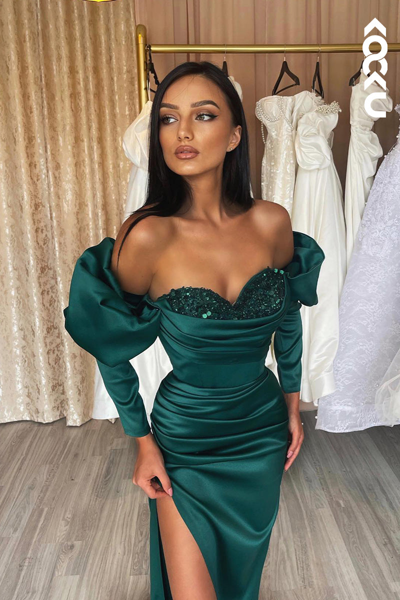 L2109 - Off-Shoulder Long Sleeves Sequins Ruched Satin Sheath Long Prom Evening Dress