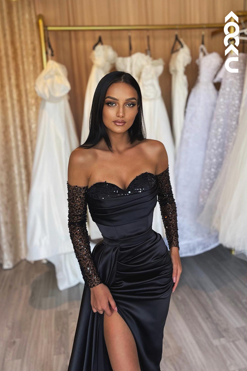 L2110 - Off-Shoulder Long Sleeves Sequins Ruched Satin Sheath Long Prom Evening Dress