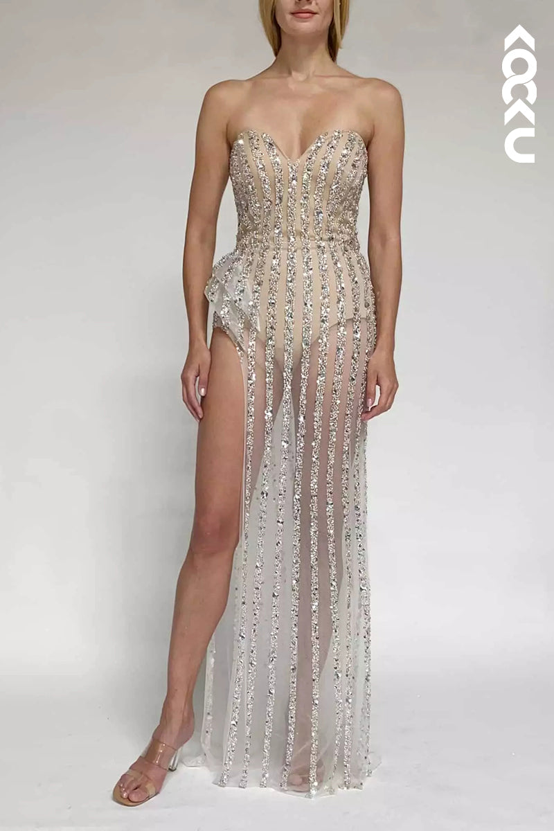 L2111 - Sweetheart Strapless Beaded Sequins Sheer Tulle Sheath Long Prom Evening Dress