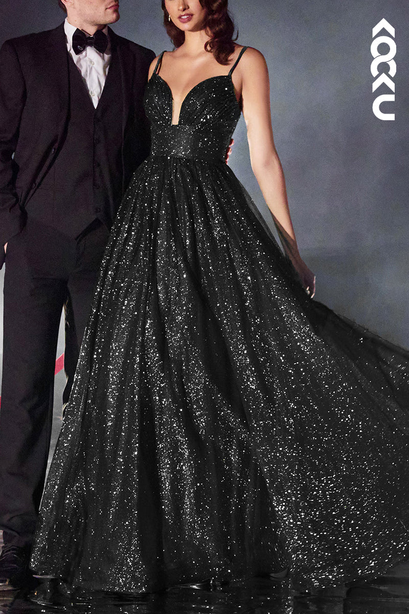 L2112 - Sparkle Sweetheart Sheer Ruched Tulle A-Line Long Prom Evening Dress