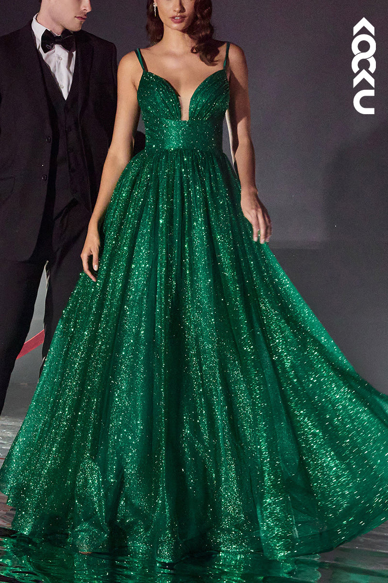 L2112 - Sparkle Sweetheart Sheer Ruched Tulle A-Line Long Prom Evening Dress