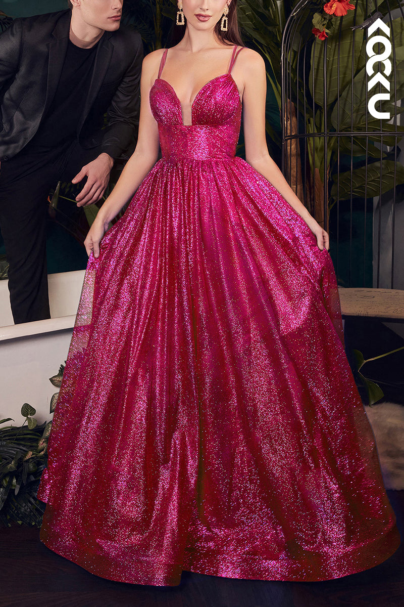 L2112 - Sparkle Sweetheart Sheer Ruched Tulle A-Line Long Prom Evening Dress