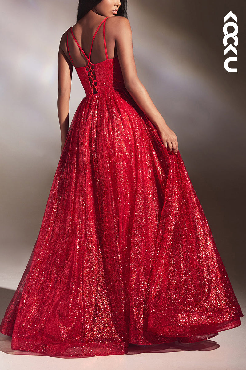 L2112 - Sparkle Sweetheart Sheer Ruched Tulle A-Line Long Prom Evening Dress