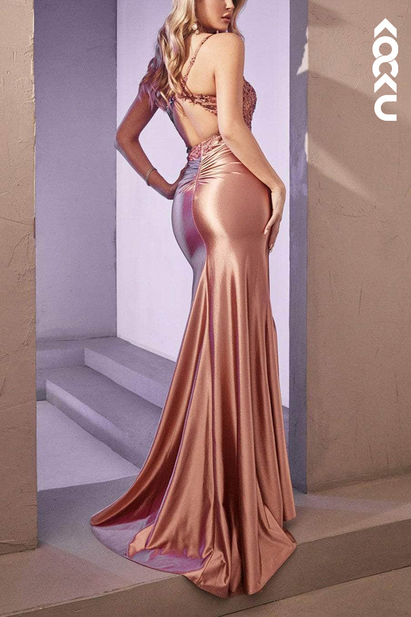 L2113 - Sweetheart Sleeveless Appliqued Ruched Satin Sheath Long Prom Evening Dress