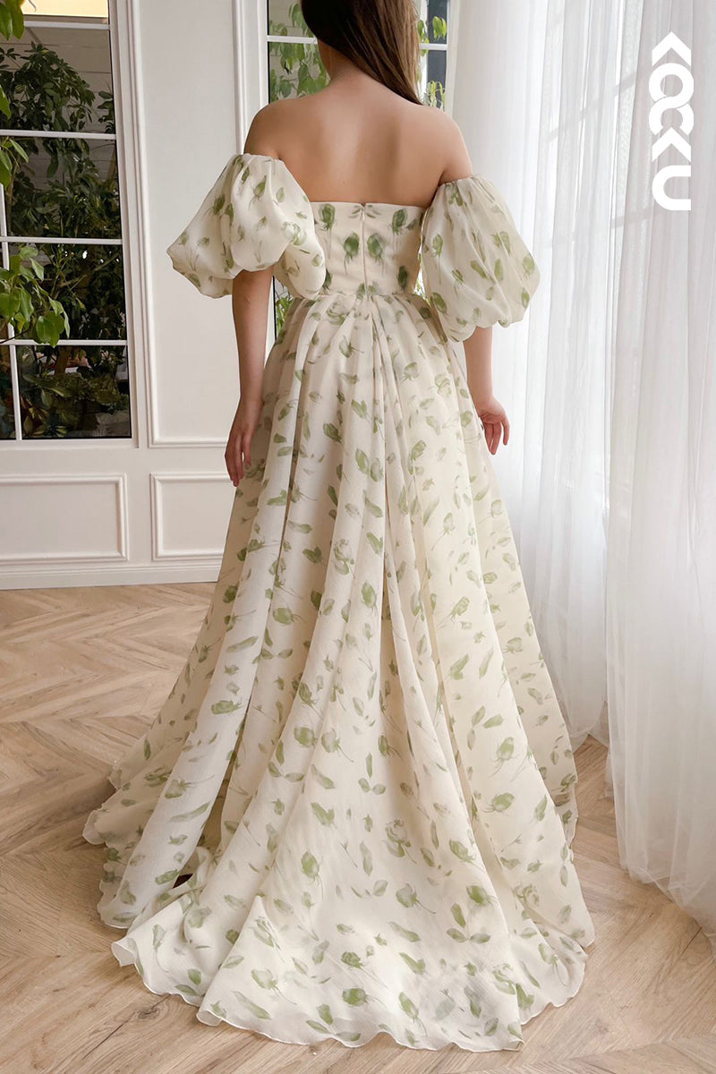 L2114 - Sweetheart Strapless Print Ruched Tulle A-Line Long Prom Evening Dress