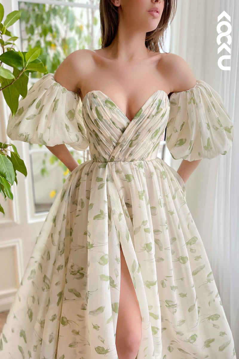 L2114 - Sweetheart Strapless Print Ruched Tulle A-Line Long Prom Evening Dress